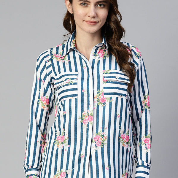 Jainish Women's Striped Double Pocket Shirt Style Top - Blue - Distacart