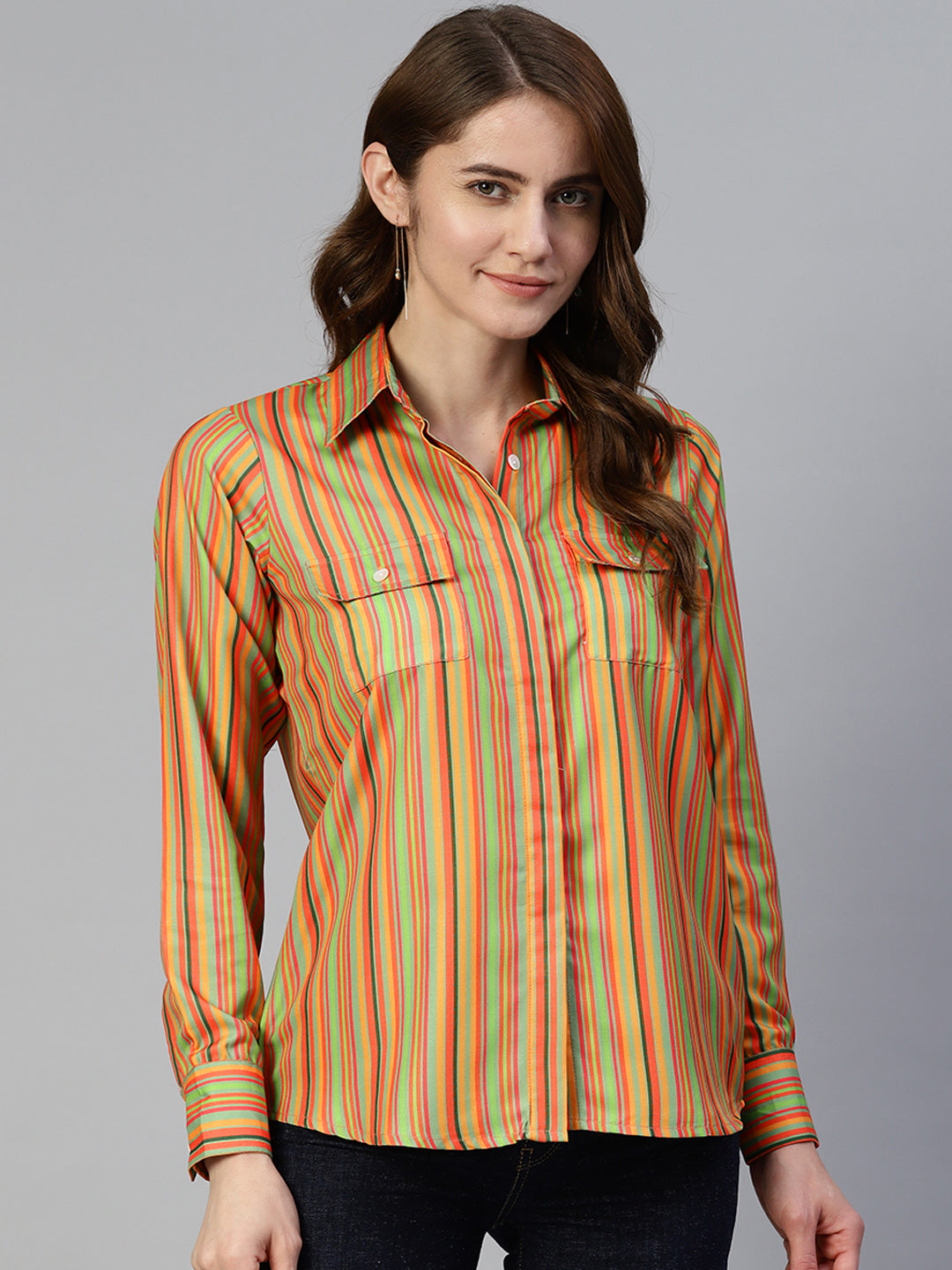 Jainish Women's Striped Double Pocket Shirt Style Top - Lime - Distacart