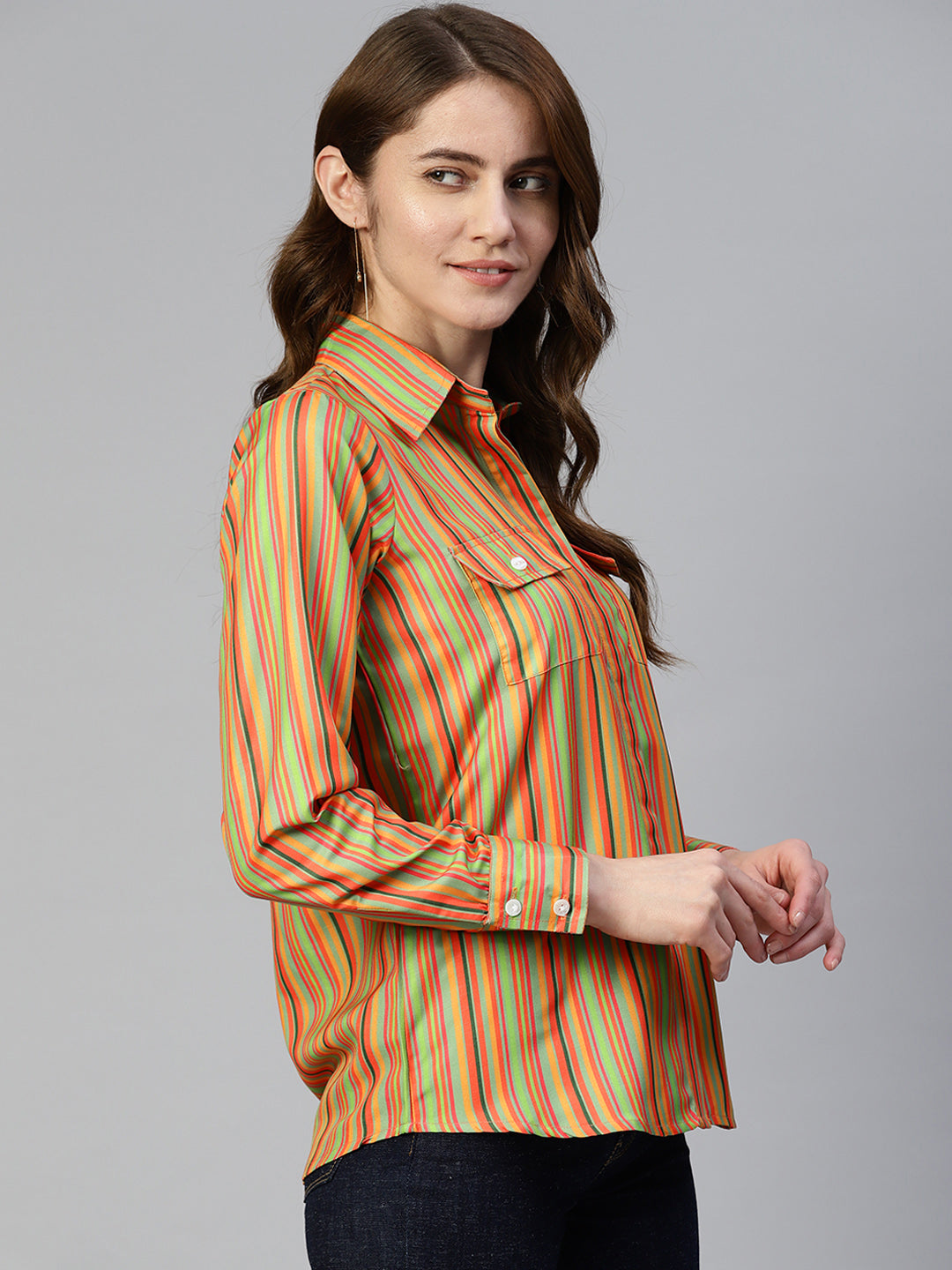 Jainish Women's Striped Double Pocket Shirt Style Top - Lime - Distacart