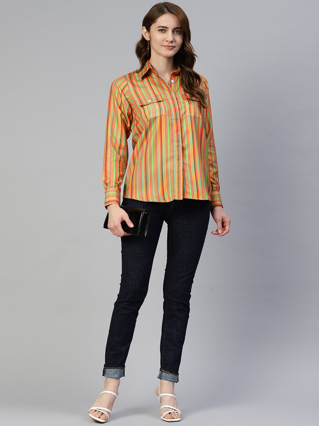 Jainish Women's Striped Double Pocket Shirt Style Top - Lime - Distacart