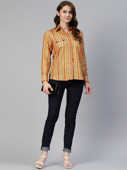 Jainish Women's Striped Double Pocket Shirt Style Top - Lime - Distacart