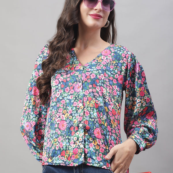 Jainish Women's Blue Printed Shirt Style Top - Distacart