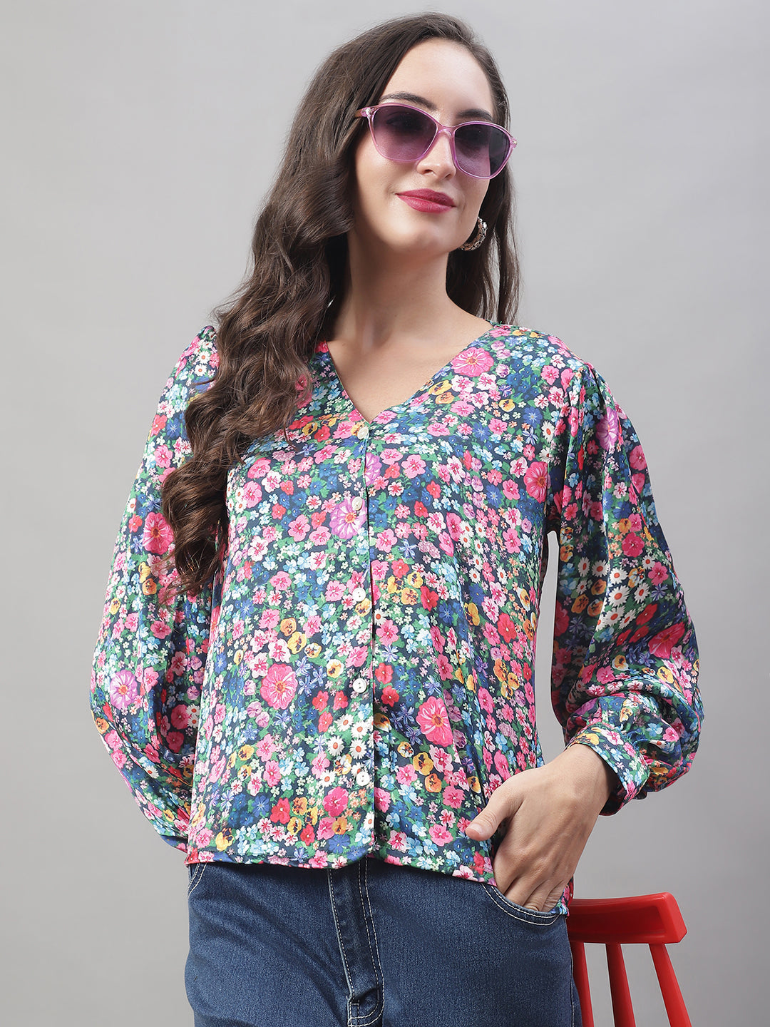 Jainish Women's Blue Printed Shirt Style Top - Distacart