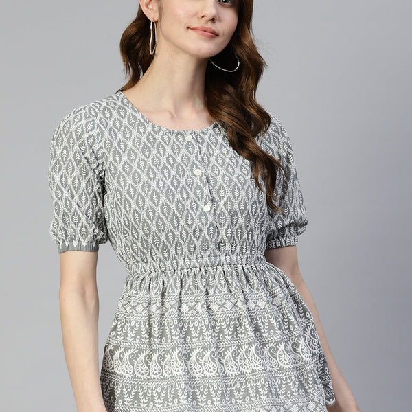 Jainish Women's Chikankari Work Empire Top - Grey - Distacart