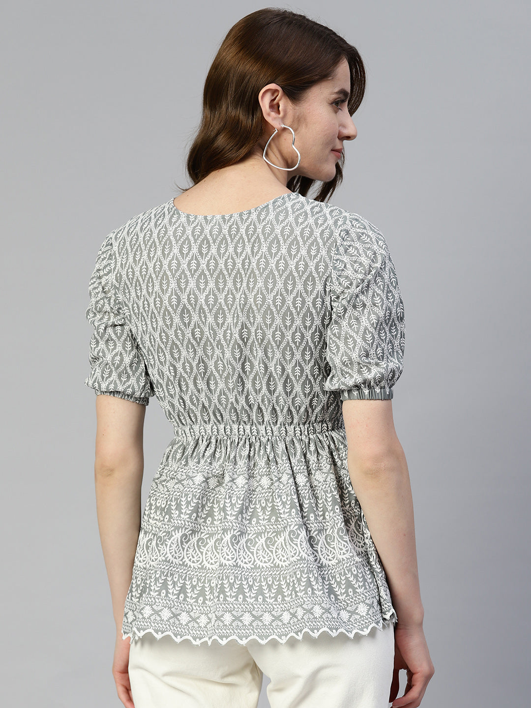 Jainish Women's Chikankari Work Empire Top - Grey - Distacart