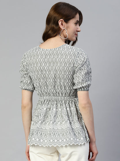 Jainish Women's Chikankari Work Empire Top - Grey - Distacart