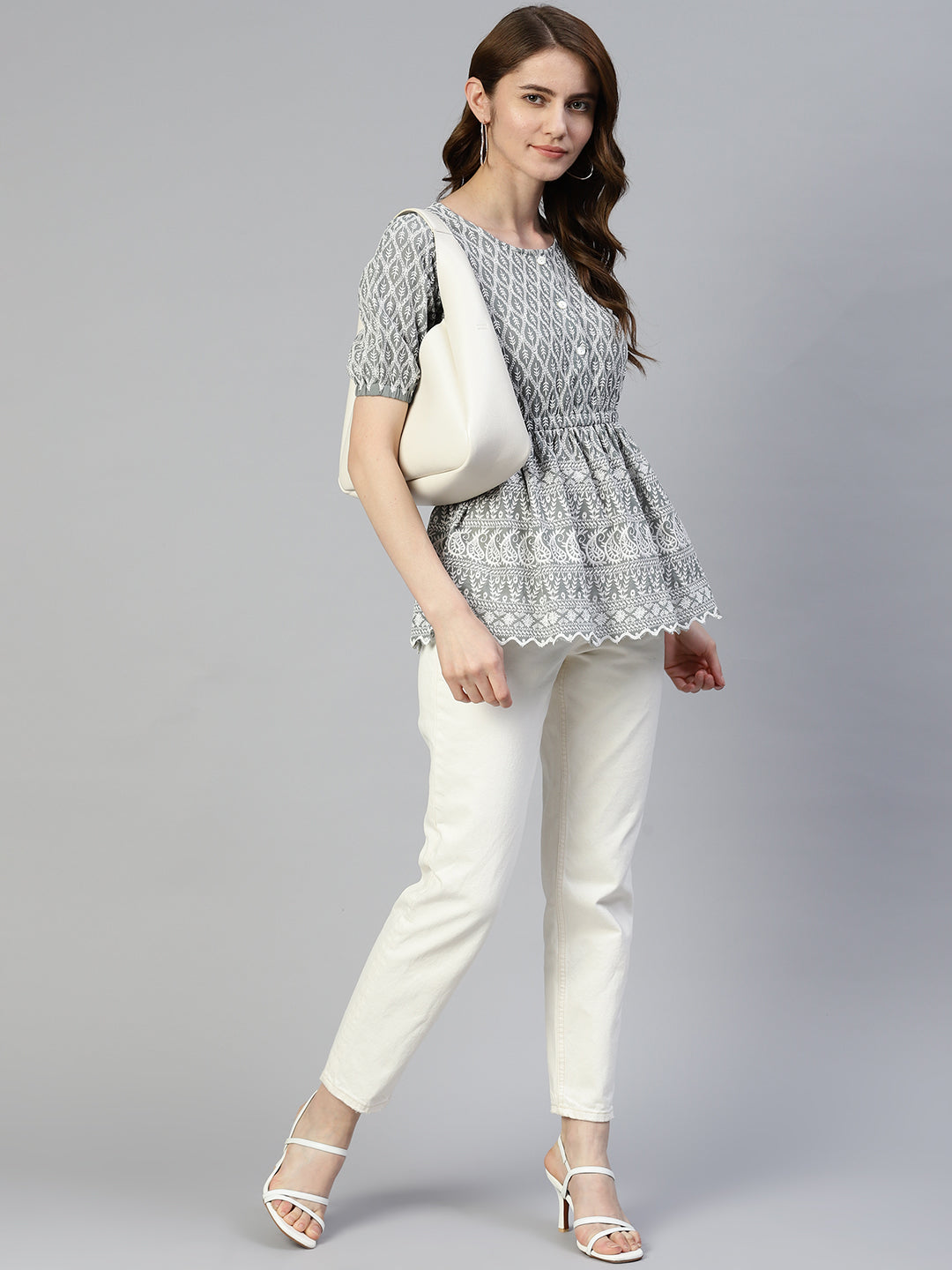 Jainish Women's Chikankari Work Empire Top - Grey - Distacart
