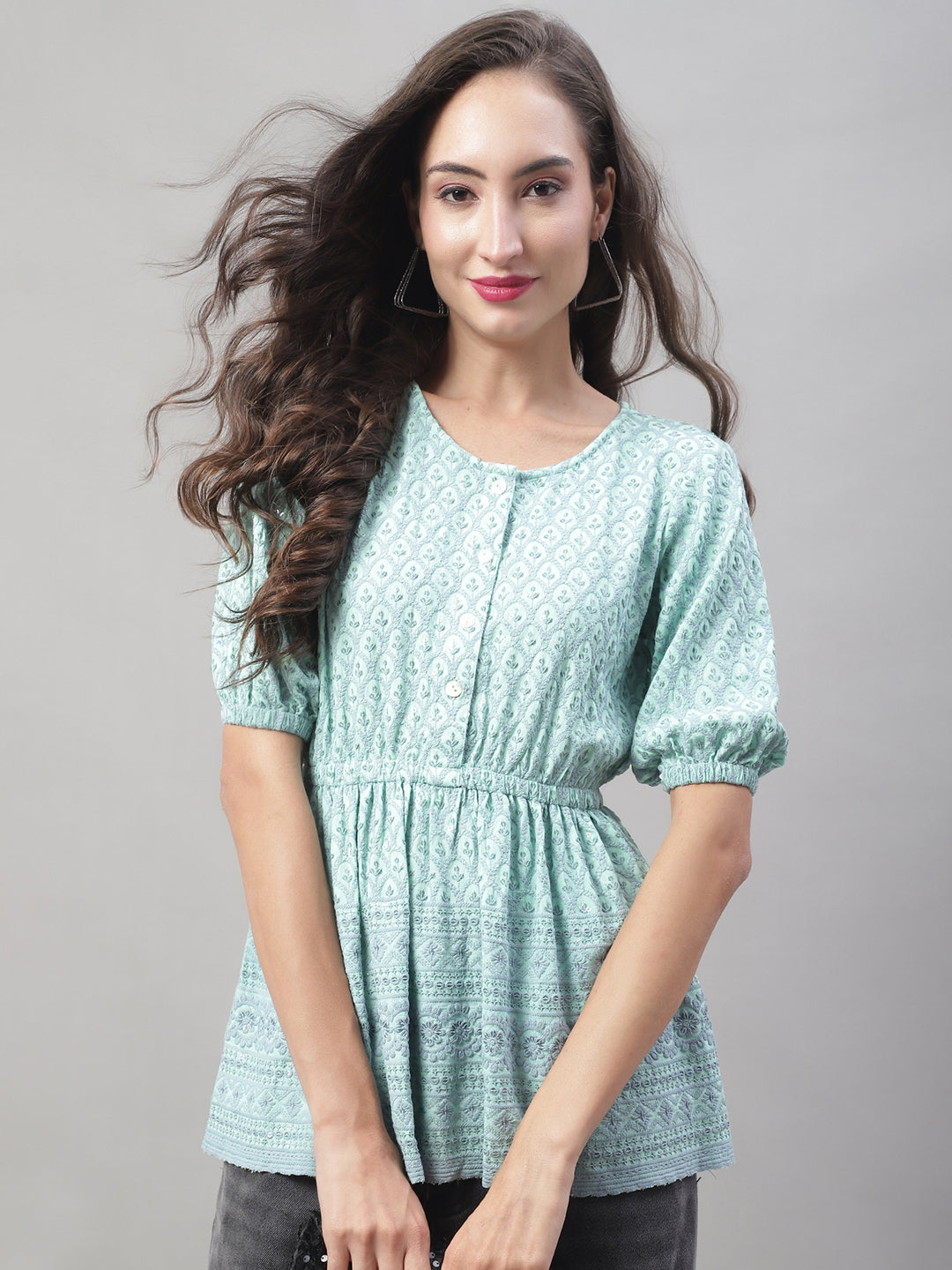 Jainish Women's WoChikankari Work Empire Top - Sky Blue - Distacart