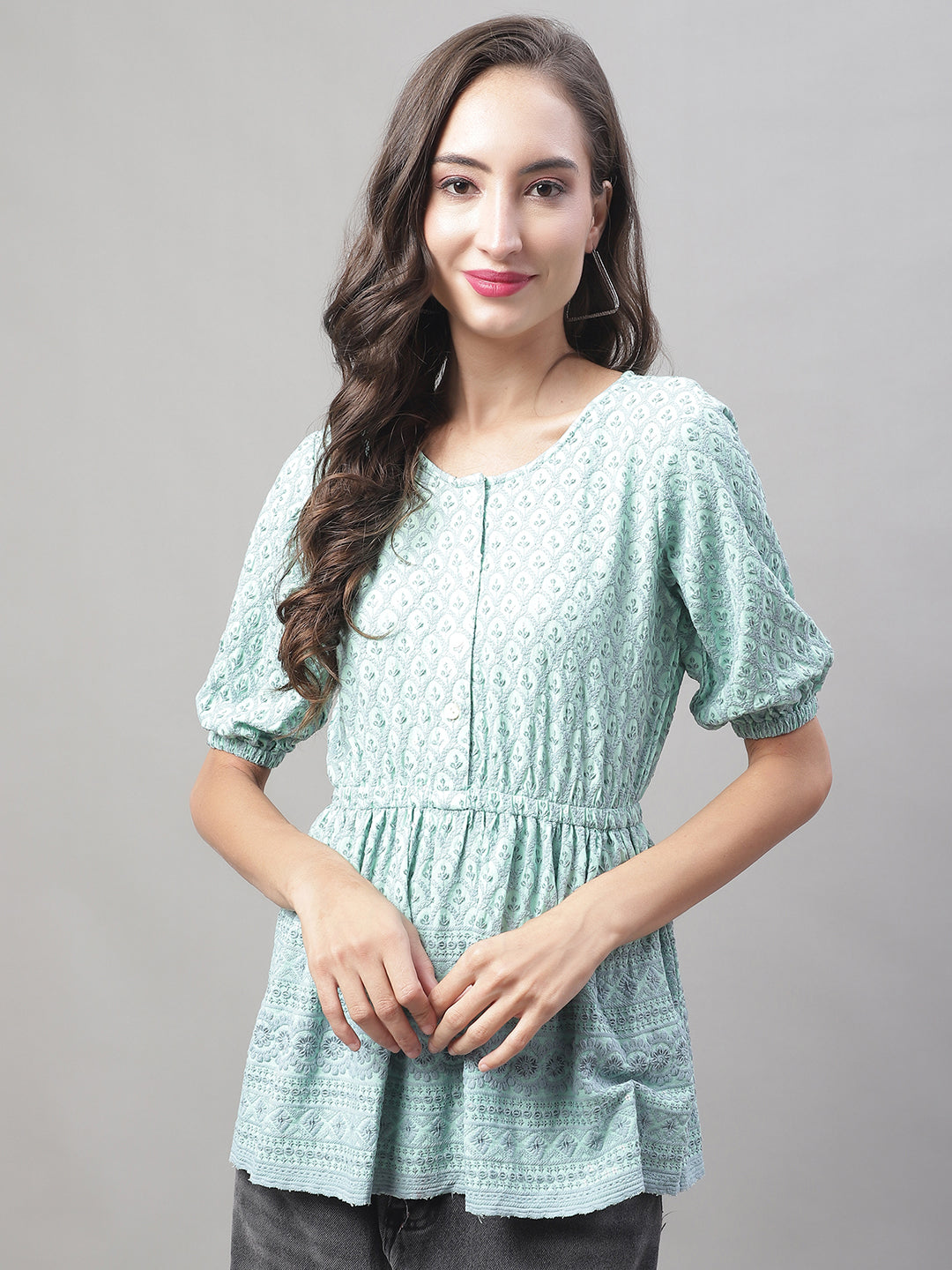 Jainish Women's WoChikankari Work Empire Top - Sky Blue - Distacart