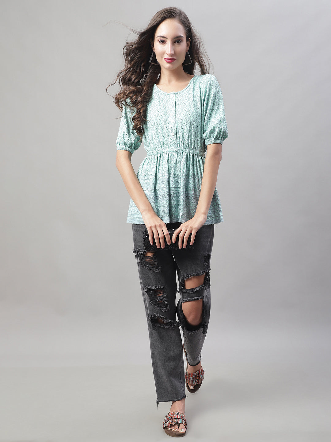 Jainish Women's WoChikankari Work Empire Top - Sky Blue - Distacart