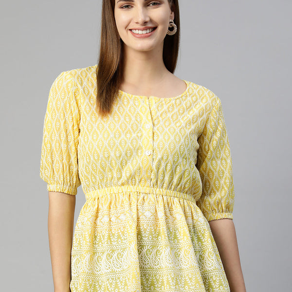 Jainish Women's Chikankari Work Empire Top - Yellow - Distacart