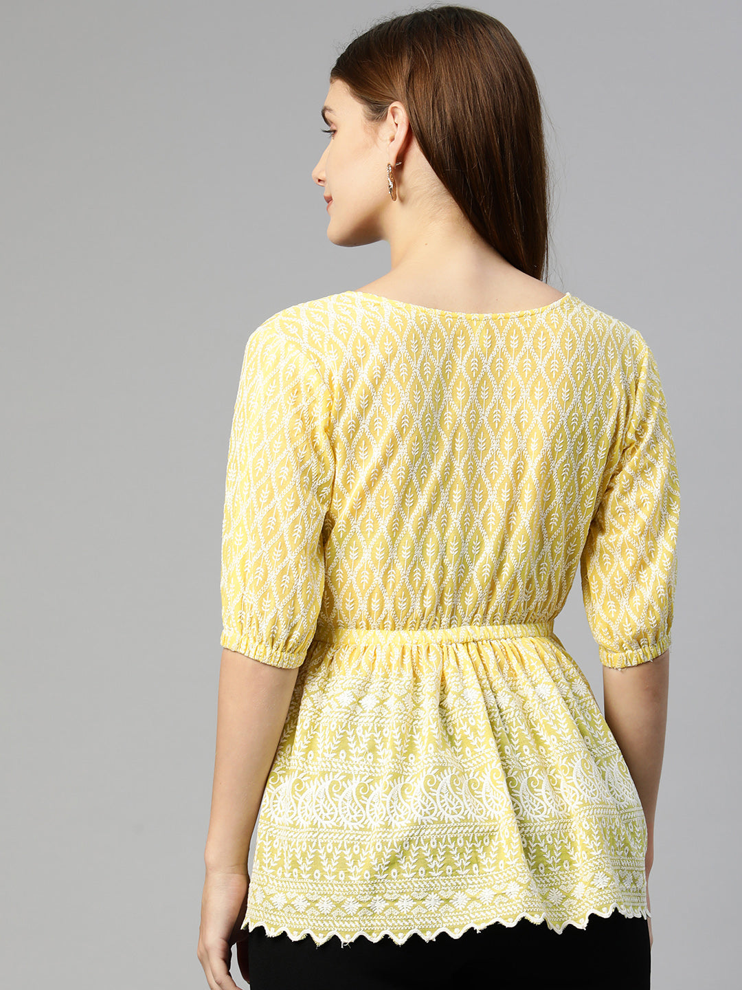 Jainish Women's Chikankari Work Empire Top - Yellow - Distacart