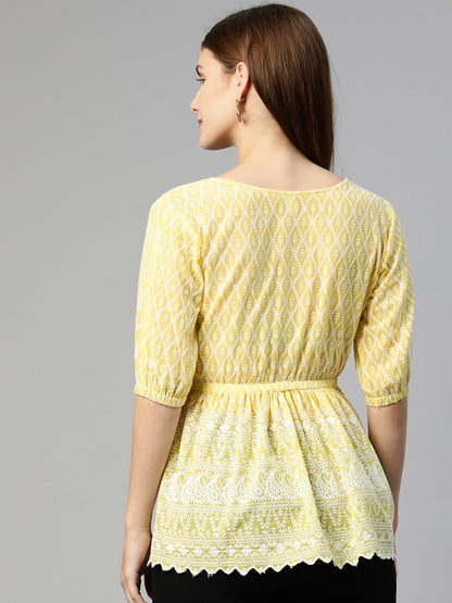 Jainish Women's Chikankari Work Empire Top - Yellow - Distacart