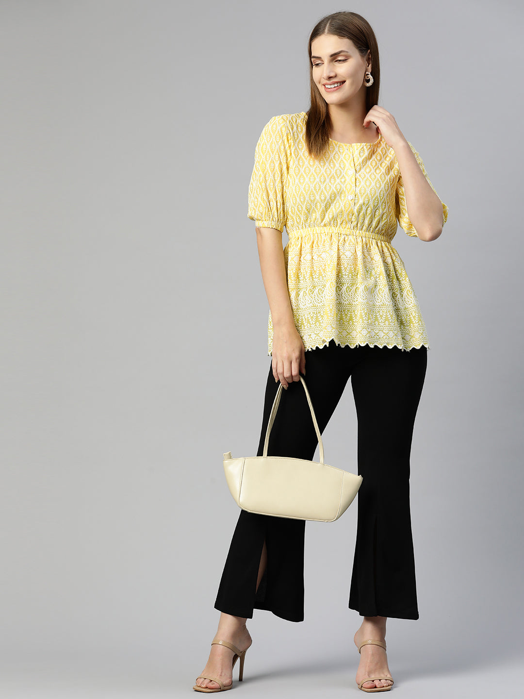 Jainish Women's Chikankari Work Empire Top - Yellow - Distacart