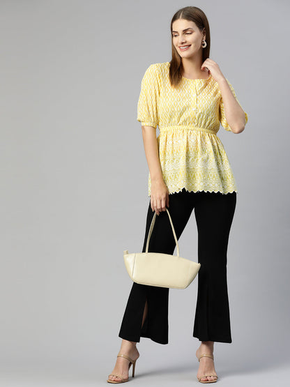 Jainish Women's Chikankari Work Empire Top - Yellow - Distacart