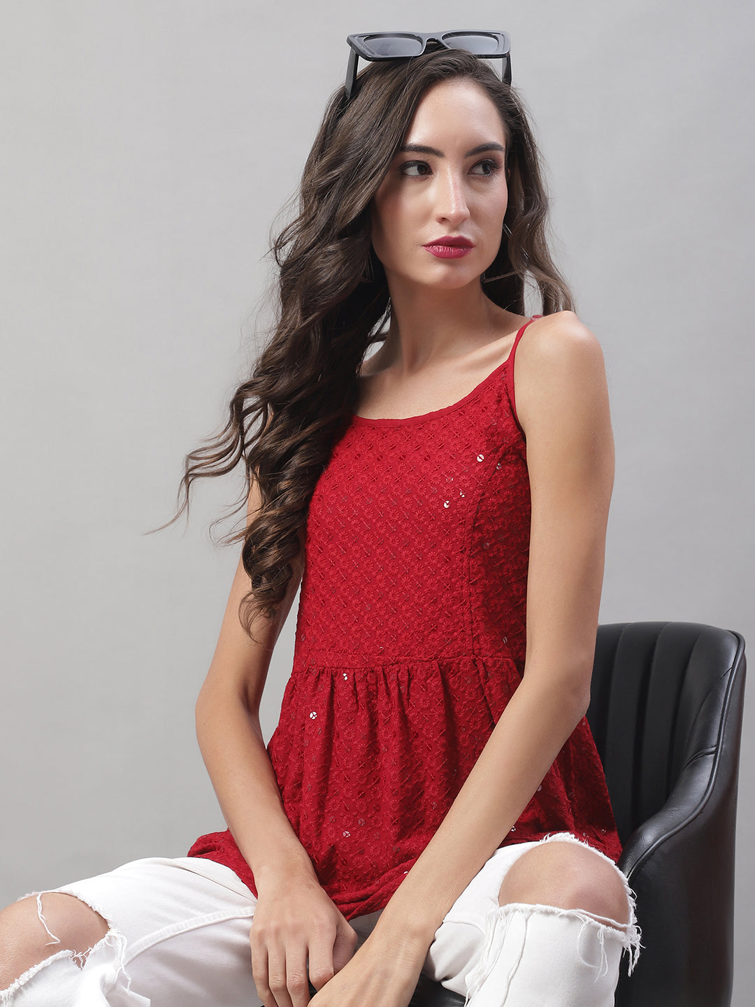 Jainish Women's WoChikankari Sequen Work Empire Top - Maroon - Distacart