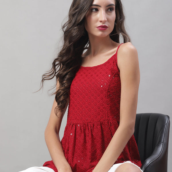 Jainish Women's WoChikankari Sequen Work Empire Top - Maroon - Distacart