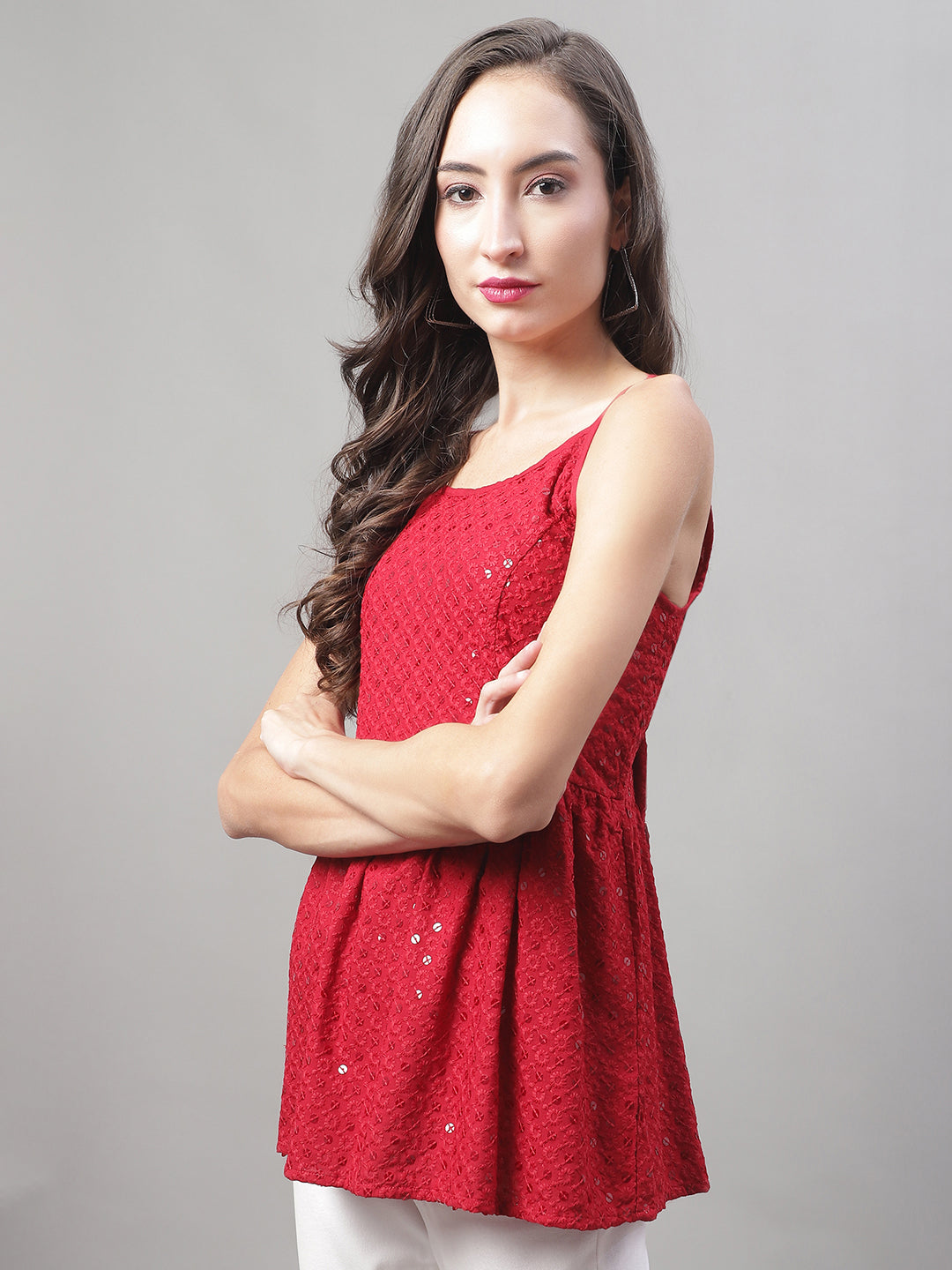 Jainish Women's WoChikankari Sequen Work Empire Top - Maroon - Distacart