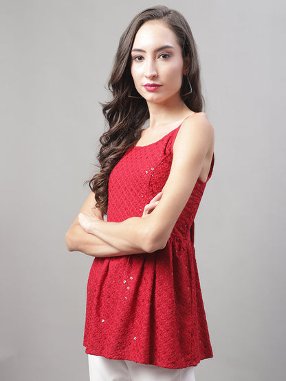 Jainish Women's WoChikankari Sequen Work Empire Top - Maroon - Distacart