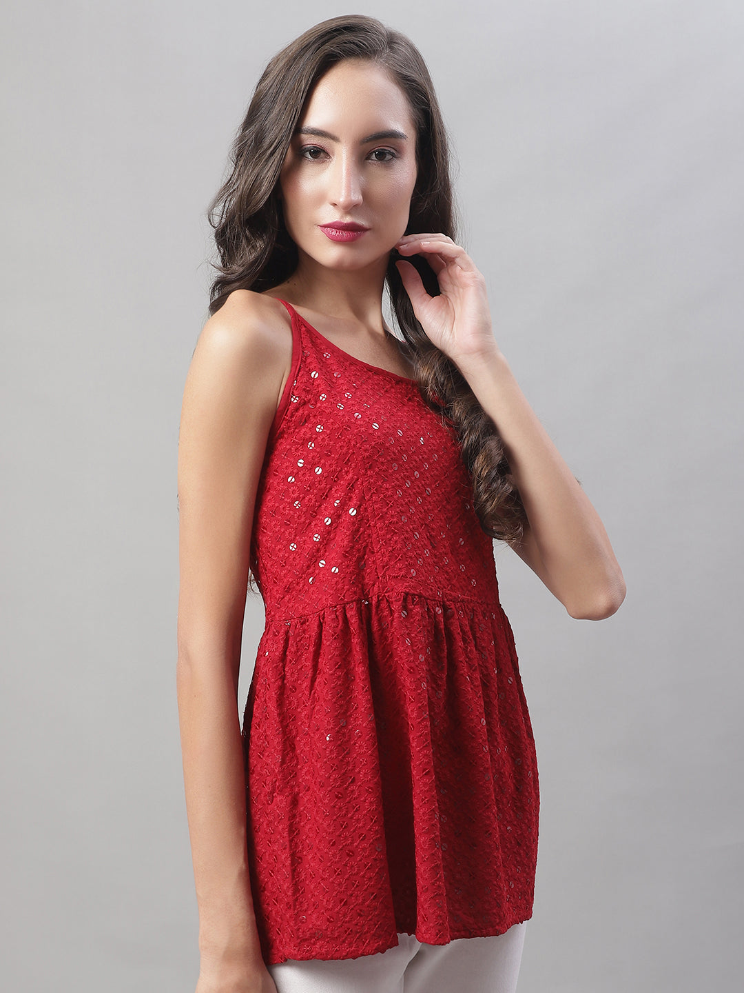 Jainish Women's WoChikankari Sequen Work Empire Top - Maroon - Distacart
