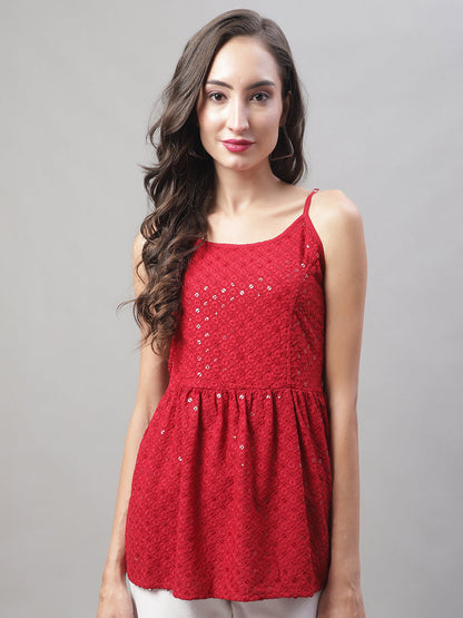 Jainish Women's WoChikankari Sequen Work Empire Top - Maroon - Distacart