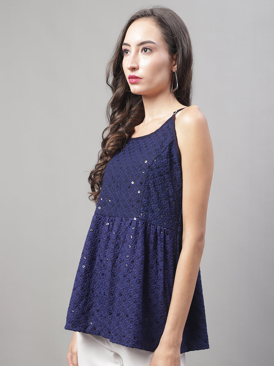 Jainish Women's WoChikankari Sequen Work Empire Top - Navy Blue - Distacart