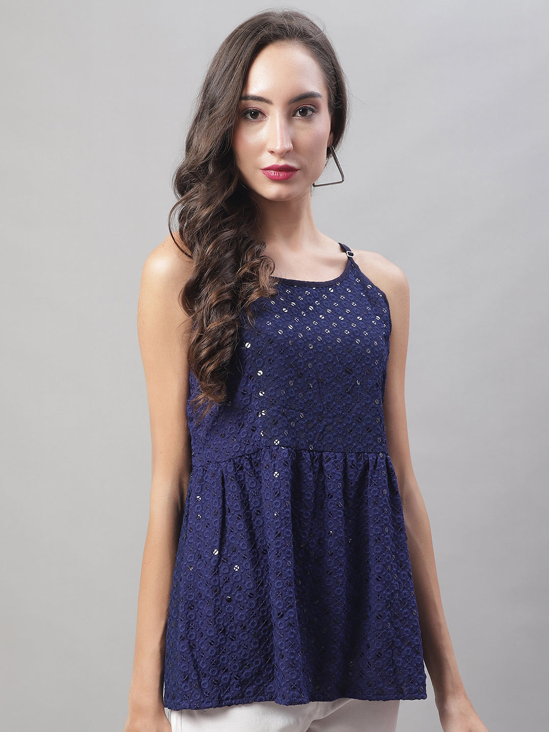 Jainish Women's WoChikankari Sequen Work Empire Top - Navy Blue - Distacart