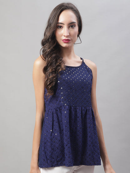 Jainish Women's WoChikankari Sequen Work Empire Top - Navy Blue - Distacart