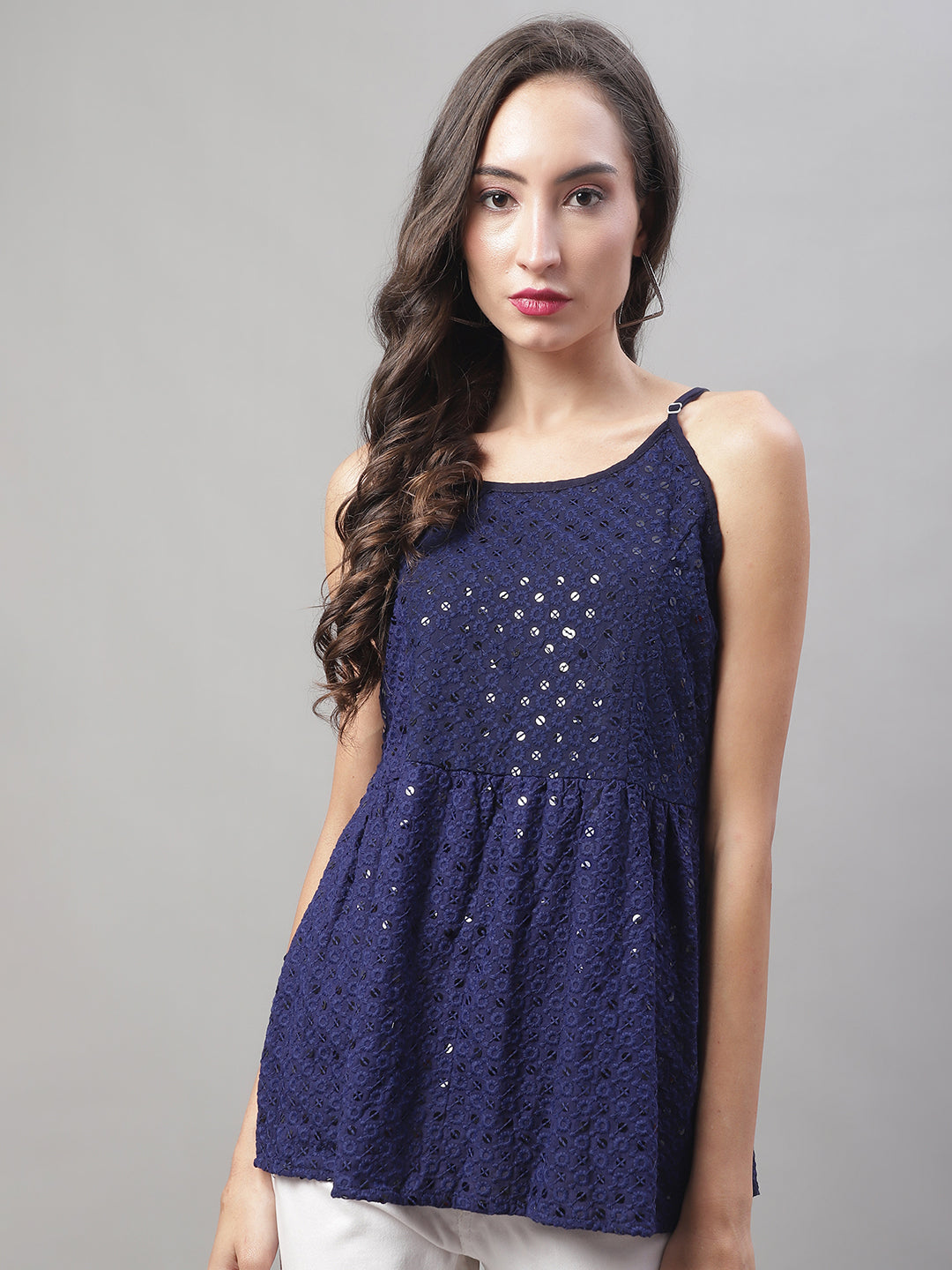 Jainish Women's WoChikankari Sequen Work Empire Top - Navy Blue - Distacart