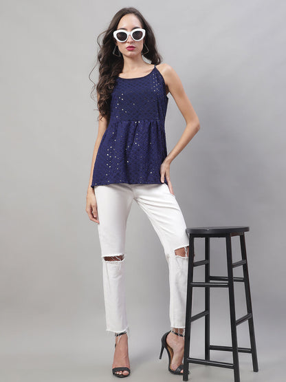 Jainish Women's WoChikankari Sequen Work Empire Top - Navy Blue - Distacart