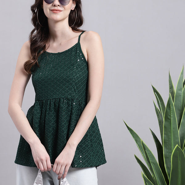 Jainish Women's WoOlive Green Chikankari Sequen Work Empire Top - Distacart