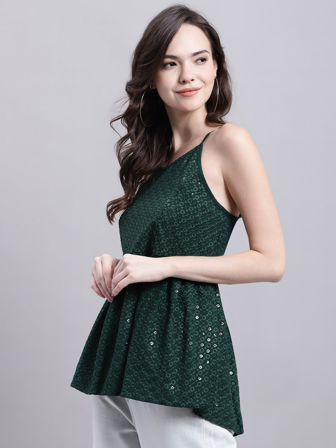 Jainish Women's WoOlive Green Chikankari Sequen Work Empire Top - Distacart