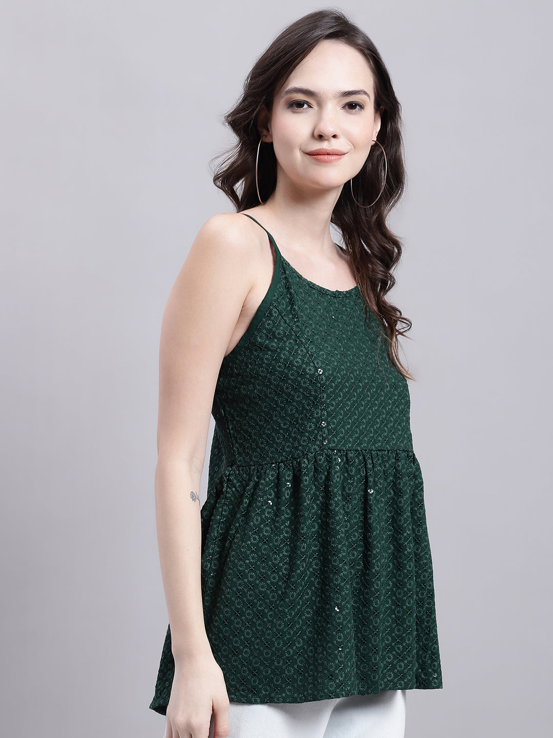 Jainish Women's WoOlive Green Chikankari Sequen Work Empire Top - Distacart