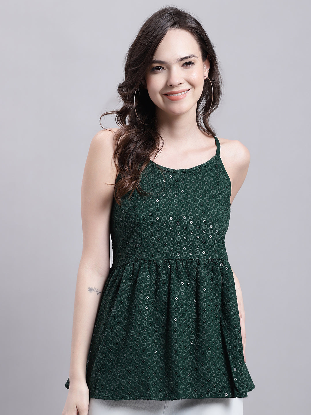 Jainish Women's WoOlive Green Chikankari Sequen Work Empire Top - Distacart