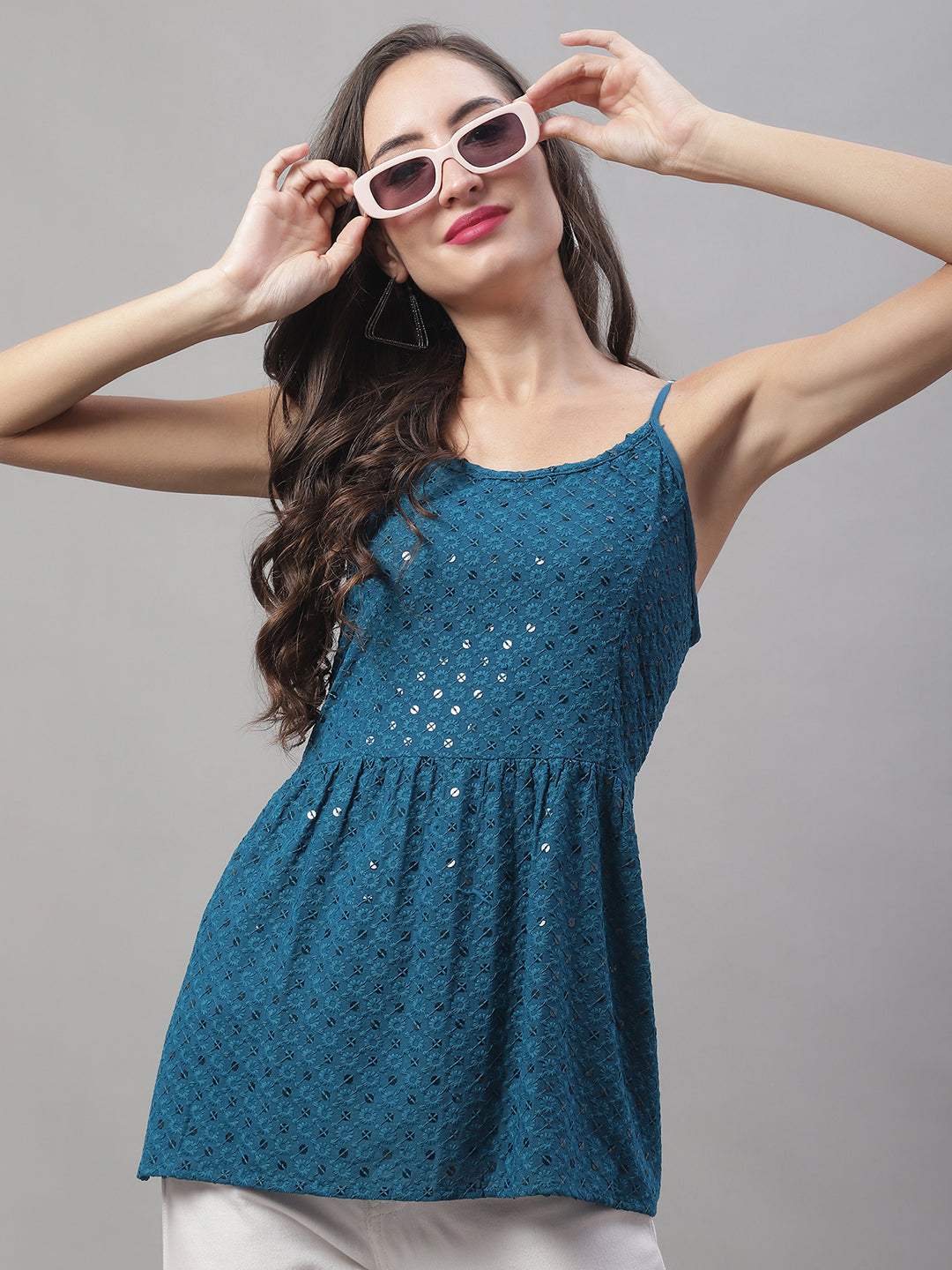 Jainish Women's WoChikankari Sequen Work Empire Top - Peacock - Distacart