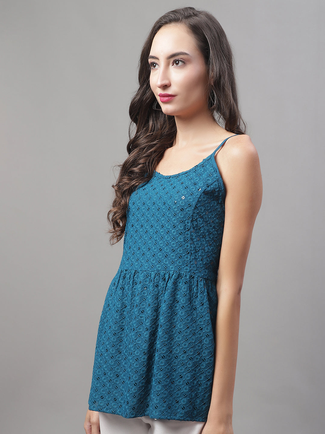 Jainish Women's WoChikankari Sequen Work Empire Top - Peacock - Distacart