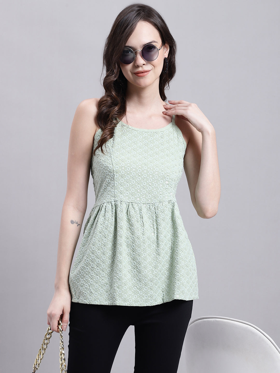 Jainish Women's WoPista Green Chikankari Sequen Work Empire Top - Distacart