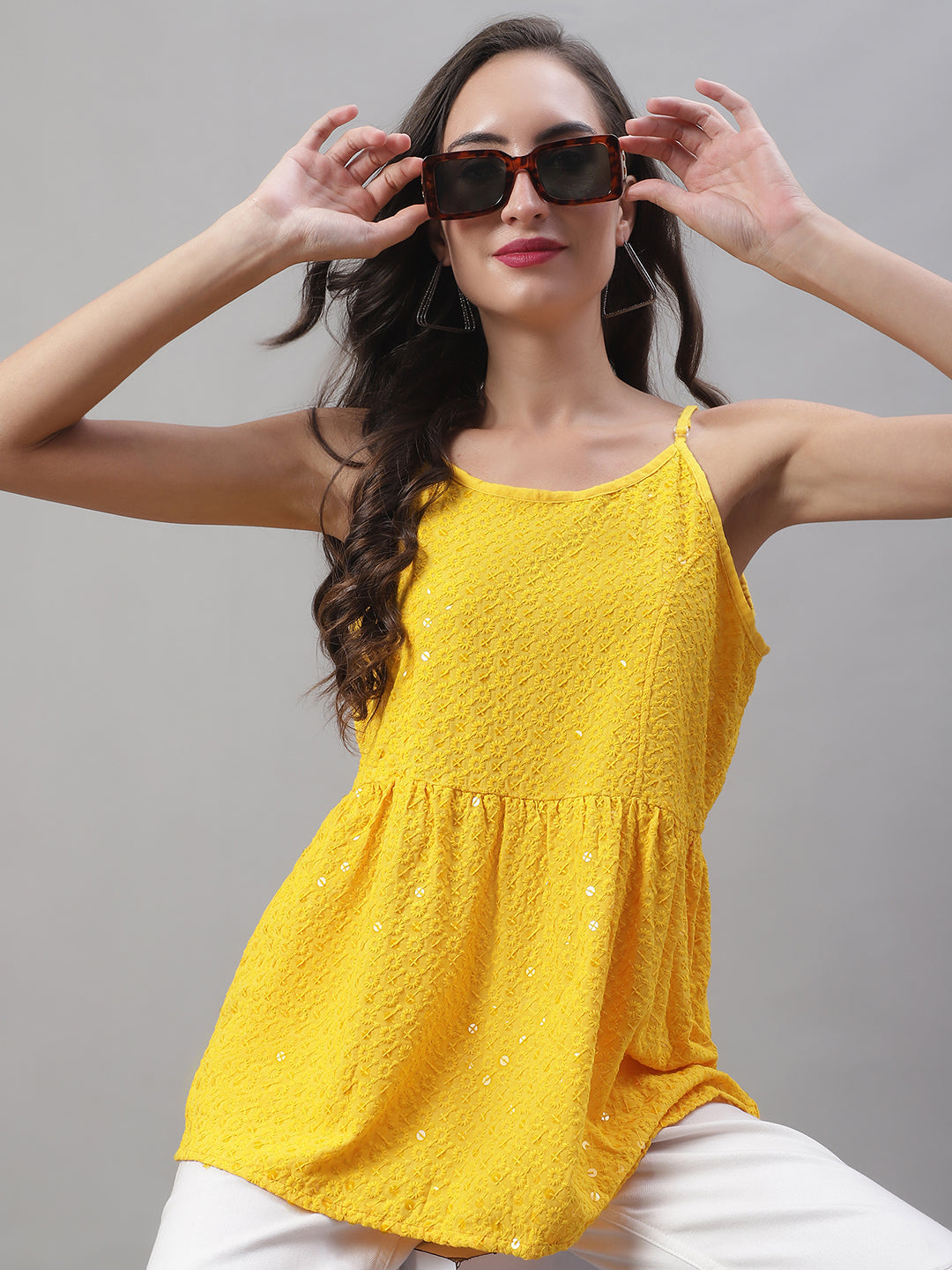 Jainish Women's WoChikankari Sequen Work Empire Top - Yellow - Distacart