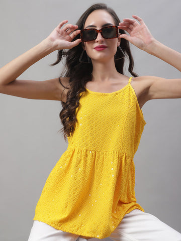 Jainish Women's WoChikankari Sequen Work Empire Top - Yellow - Distacart