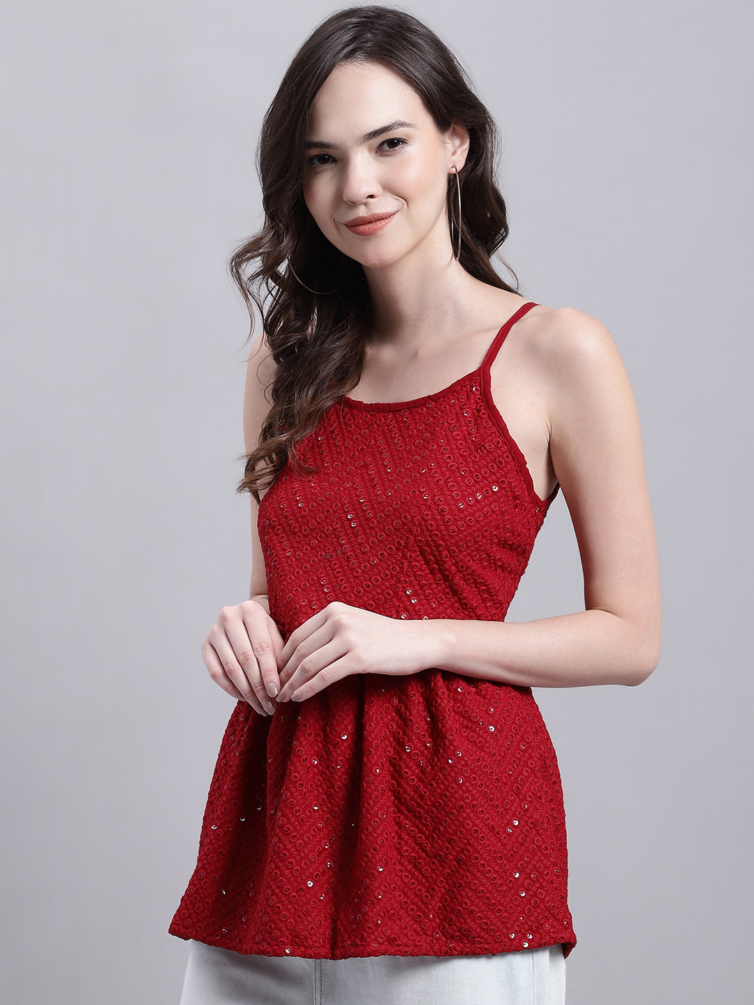 Jainish Women's WoMaroon Chikankari Sequen Work Empire Top - Distacart