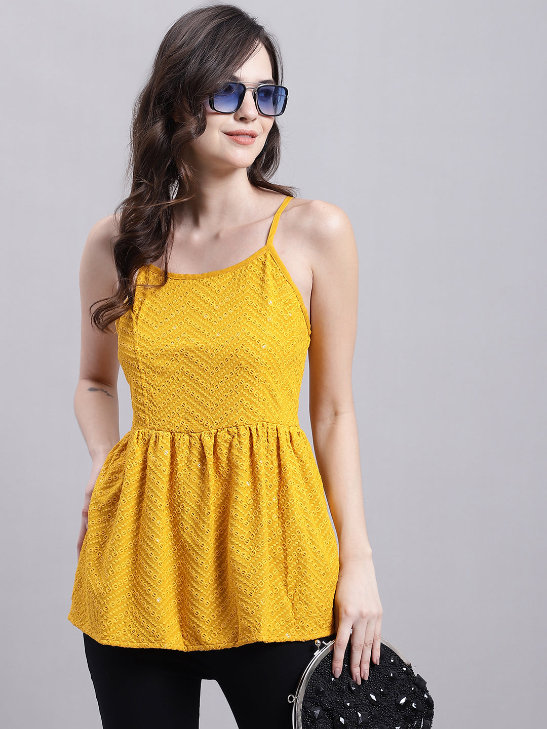 Jainish Women's WoMustard Chikankari Sequen Work Empire Top - Distacart