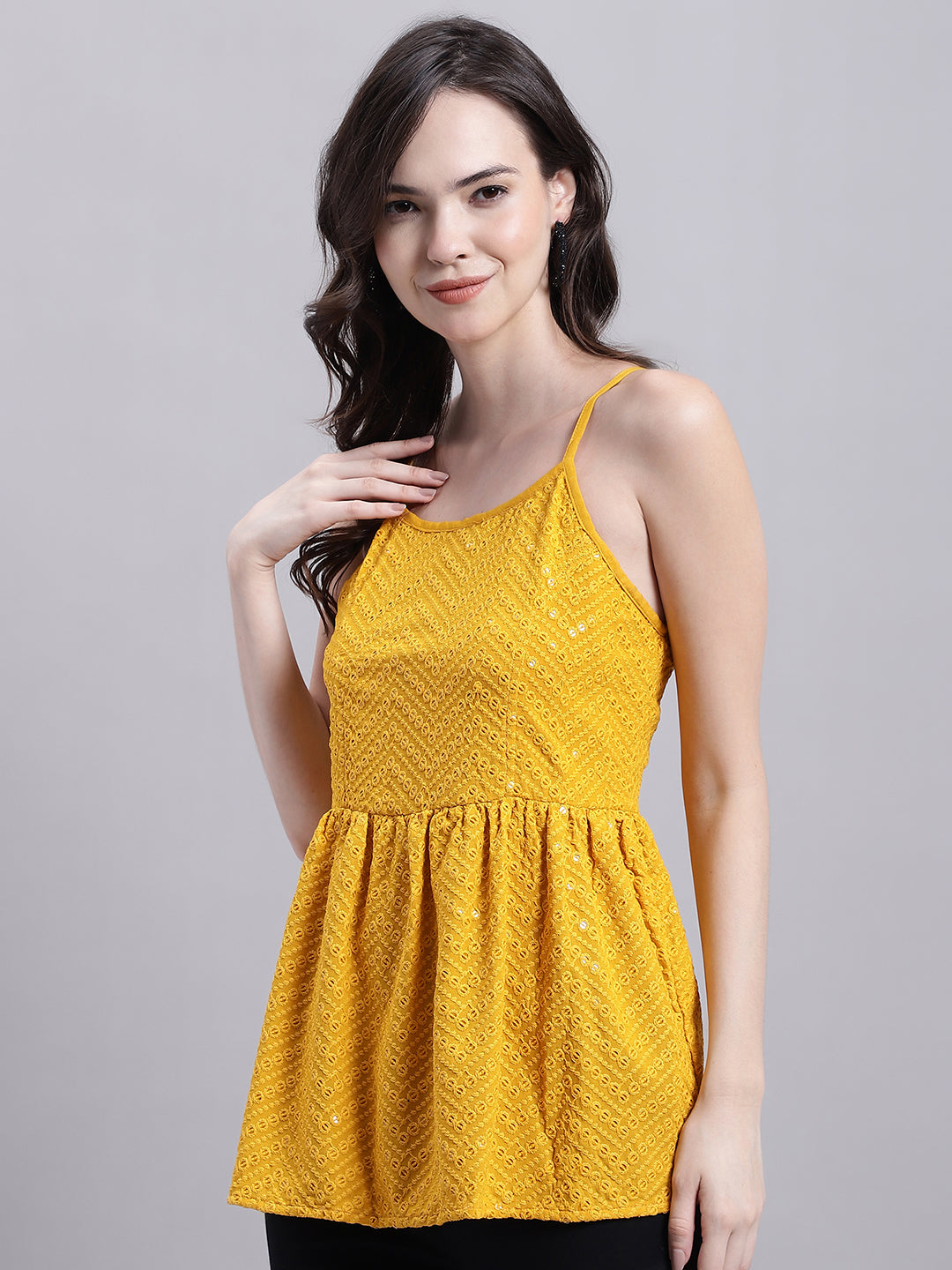 Jainish Women's WoMustard Chikankari Sequen Work Empire Top - Distacart