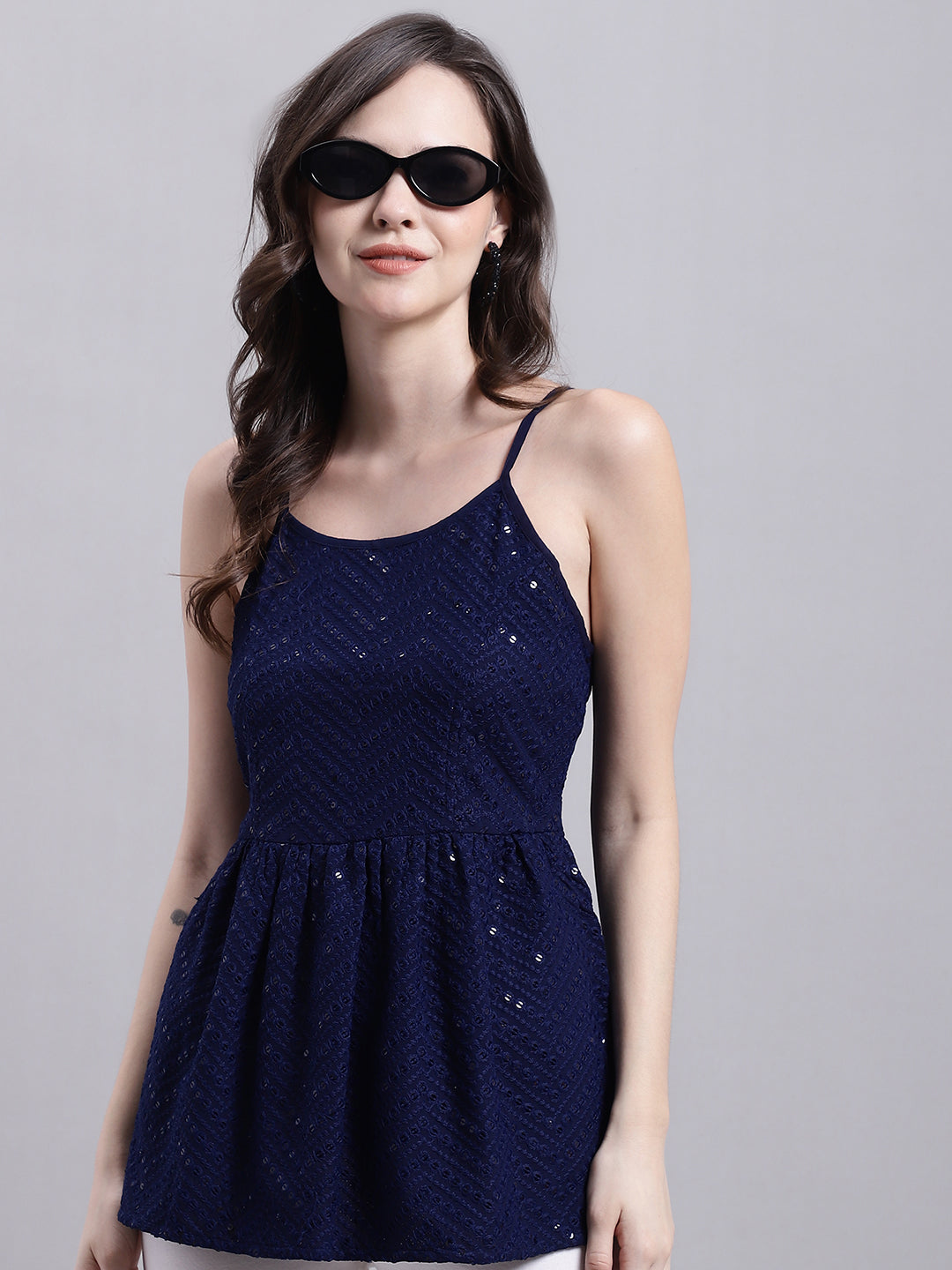 Jainish Women's WoNavy Blue Chikankari Sequen Work Empire Top - Distacart