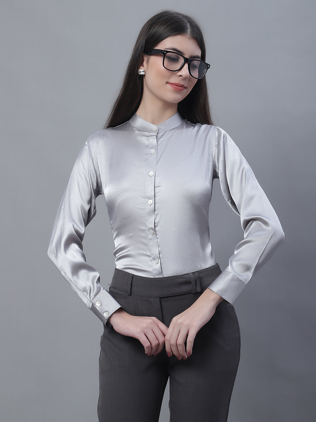Jainish Women's Grey Solid Shirt Style Top - Distacart