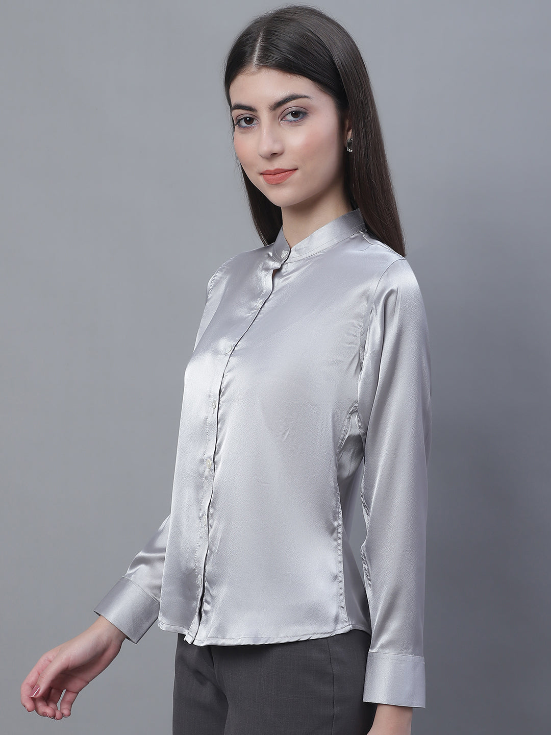 Jainish Women's Grey Solid Shirt Style Top - Distacart