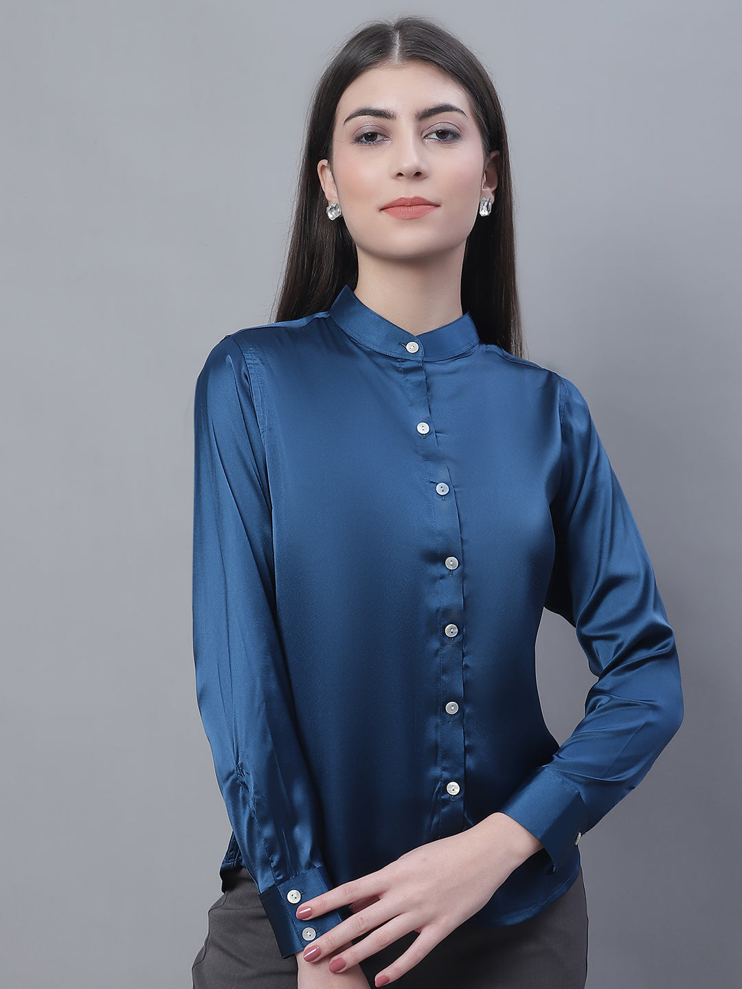 Jainish Women's Blue Solid Shirt Style Top - Distacart
