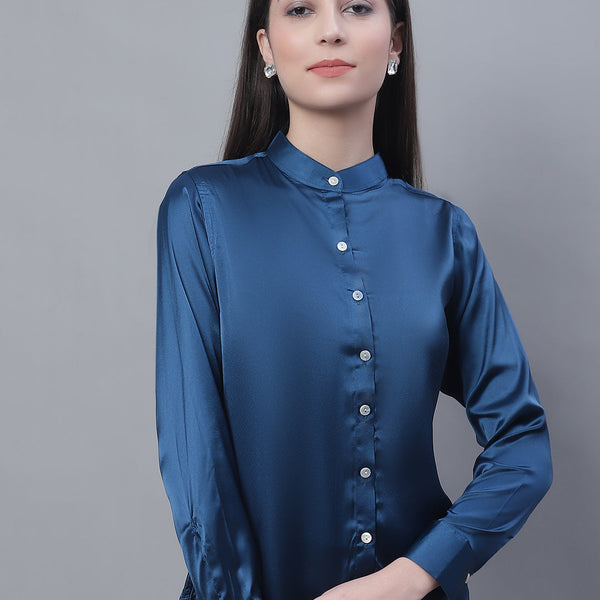Jainish Women's Blue Solid Shirt Style Top - Distacart