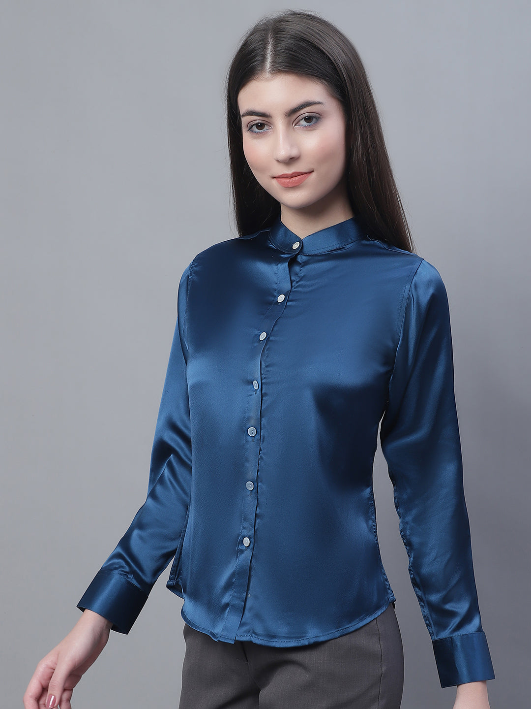 Jainish Women's Blue Solid Shirt Style Top - Distacart