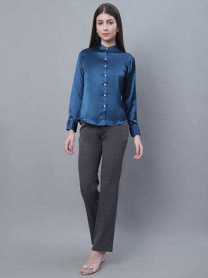 Jainish Women's Blue Solid Shirt Style Top - Distacart