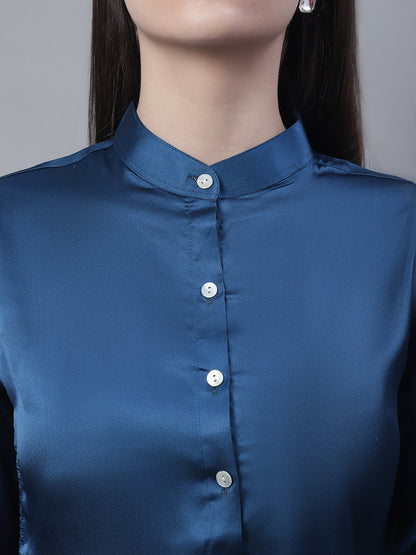 Jainish Women's Blue Solid Shirt Style Top - Distacart